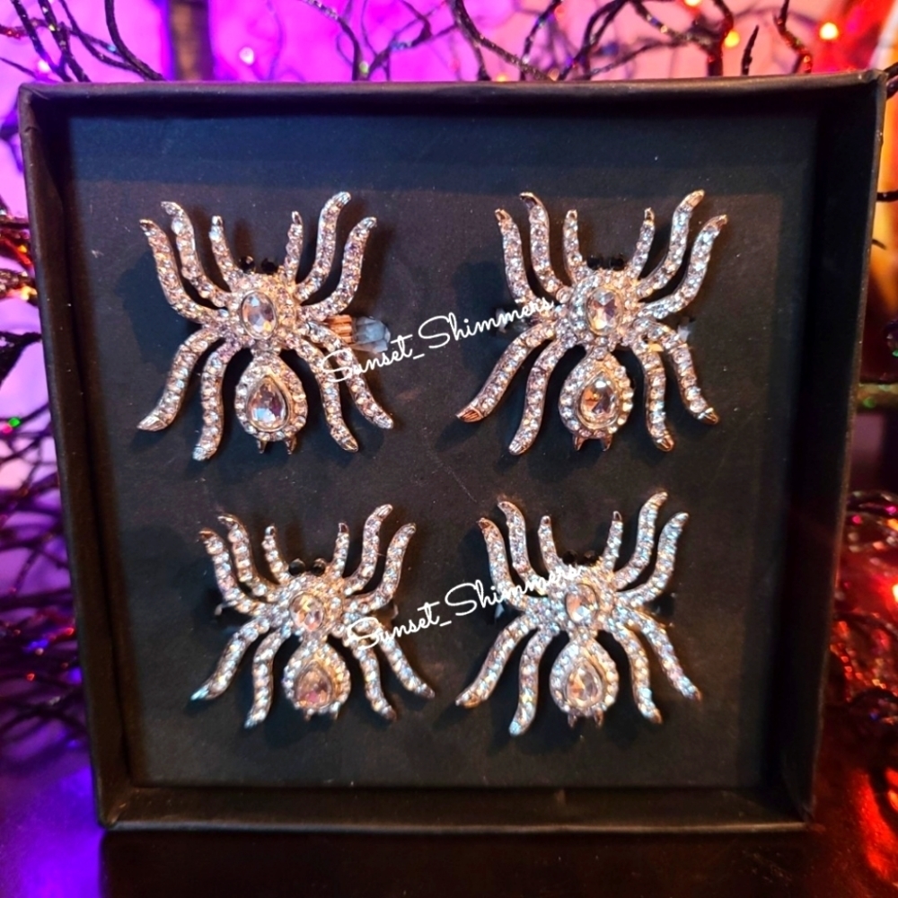 4 Tahari Jeweled Spiders With Black Rhinestone Eyes Halloween Napkin Rings New
